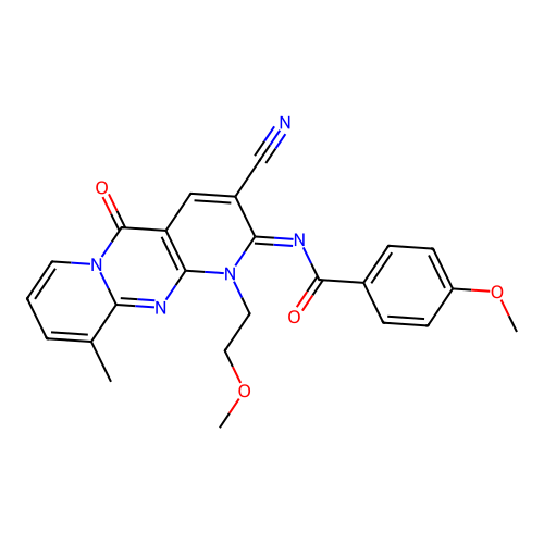 (E)-N-(3-cyano-1-(2-methoxyethyl)-10-methyl-5-oxo-1H-dipyrido[1,2-a:2',3'-d]pyrimidin-2(5H)-ylidene)-4-methoxybenzamide structure