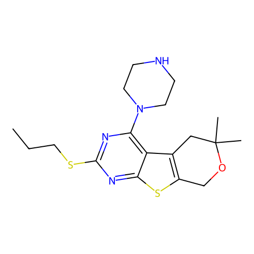 6,6-dimethyl-4-(piperazin-1-yl)-2-(propylsulfanyl)-5,8-dihydro-6H-pyrano[4',3':4,5]thieno[2,3-d]pyrimidine structure