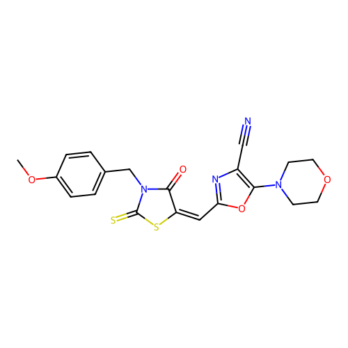 (E)-2-((3-(4-methoxybenzyl)-4-oxo-2-thioxothiazolidin-5-ylidene)methyl)-5-morpholinooxazole-4-carbonitrile structure