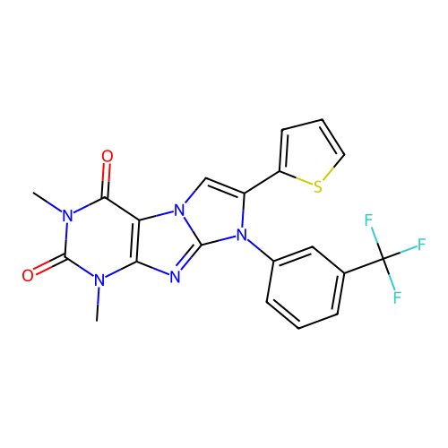 1,3-dimethyl-7-(thiophen-2-yl)-8-(3-(trifluoromethyl)phenyl)-1H-imidazo[2,1-f]purine-2,4(3H,8H)-dione structure