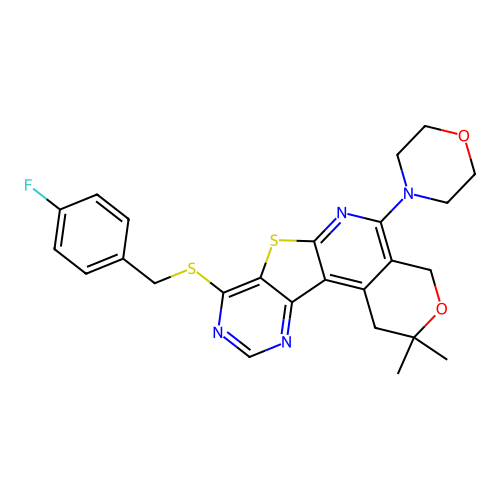 8-((4-fluorobenzyl)thio)-2,2-dimethyl-5-morpholino-2,4-dihydro-1H-pyrano[4'',3'':4',5']pyrido[3',2':4,5]thieno[3,2-d]pyrimidine structure