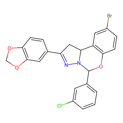 2-(1,3-benzodioxol-5-yl)-9-bromo-5-(3-chlorophenyl)-1,10b-dihydropyrazolo[1,5-c][1,3]benzoxazine structure