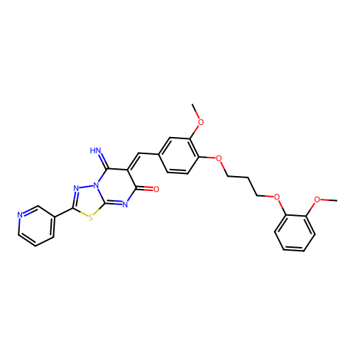 (6Z)-5-imino-6-[[3-methoxy-4-[3-(2-methoxyphenoxy)propoxy]phenyl]methylidene]-2-pyridin-3-yl-[1,3,4]thiadiazolo[3,2-a]pyrimidin-7-one structure