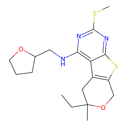 6-ethyl-6-methyl-2-(methylsulfanyl)-N-(tetrahydrofuran-2-ylmethyl)-5,8-dihydro-6H-pyrano[4',3':4,5]thieno[2,3-d]pyrimidin-4-amine structure