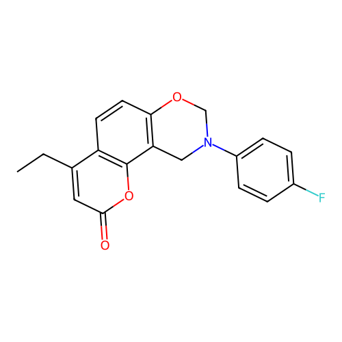 4-ethyl-9-(4-fluorophenyl)-9,10-dihydro-2H,8H-chromeno[8,7-e][1,3]oxazin-2-one structure