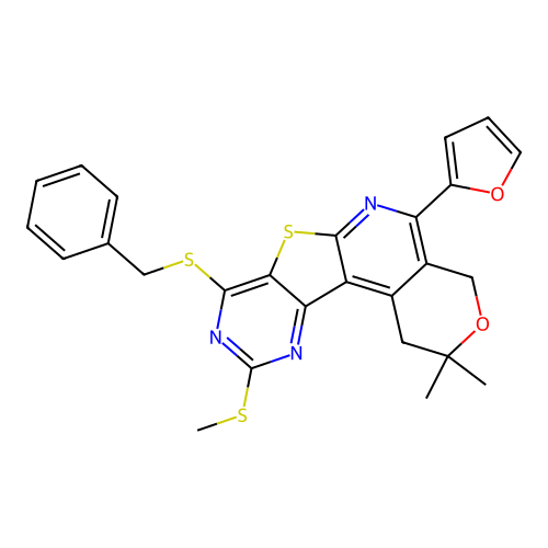 8-(benzylsulfanyl)-5-(furan-2-yl)-2,2-dimethyl-10-(methylsulfanyl)-1,4-dihydro-2H-pyrano[4'',3'':4',5']pyrido[3',2':4,5]thieno[3,2-d]pyrimidine structure