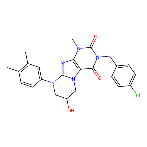 3-(4-chlorobenzyl)-9-(3,4-dimethylphenyl)-7-hydroxy-1-methyl-6,7,8,9-tetrahydropyrimido[2,1-f]purine-2,4(1H,3H)-dione structure
