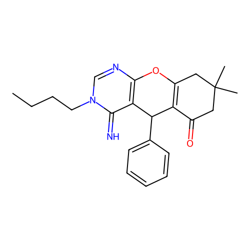 3-butyl-4-imino-8,8-dimethyl-5-phenyl-7,9-dihydro-5H-chromeno[2,3-d]pyrimidin-6-one structure