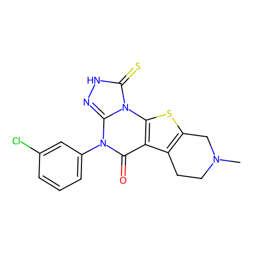 4-(3-chlorophenyl)-1-mercapto-8-methyl-6,7,8,9-tetrahydropyrido[4',3':4,5]thieno[3,2-e][1,2,4]triazolo[4,3-a]pyrimidin-5(4H)-one structure