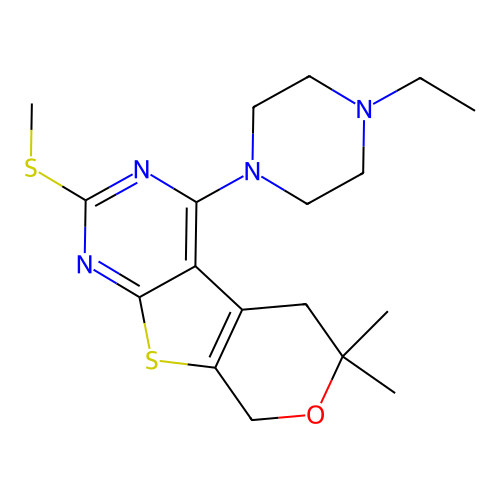 4-(4-ethylpiperazin-1-yl)-6,6-dimethyl-2-(methylsulfanyl)-5,8-dihydro-6H-pyrano[4',3':4,5]thieno[2,3-d]pyrimidine structure