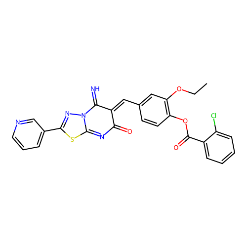 (Z)-2-ethoxy-4-((5-imino-7-oxo-2-(pyridin-3-yl)-5H-[1,3,4]thiadiazolo[3,2-a]pyrimidin-6(7H)-ylidene)methyl)phenyl 2-chlorobenzoate structure