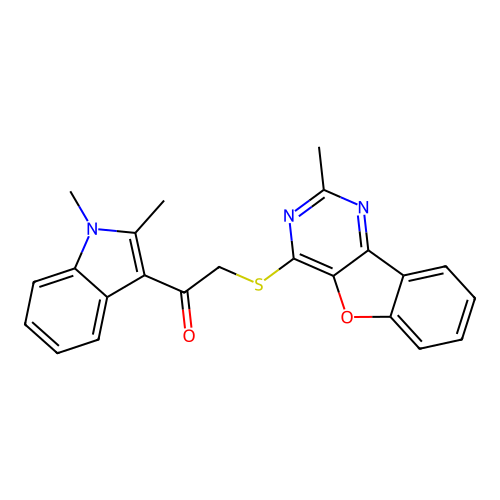 1-(1,2-dimethyl-1H-indol-3-yl)-2-((2-methylbenzofuro[3,2-d]pyrimidin-4-yl)thio)ethanone structure