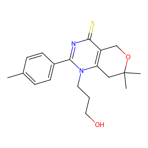 1-(3-hydroxypropyl)-7,7-dimethyl-2-(4-methylphenyl)-1,5,7,8-tetrahydro-4H-pyrano[4,3-d]pyrimidine-4-thione structure