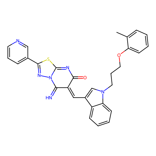(6Z)-5-imino-6-({1-[3-(2-methylphenoxy)propyl]-1H-indol-3-yl}methylidene)-2-(pyridin-3-yl)-5,6-dihydro-7H-[1,3,4]thiadiazolo[3,2-a]pyrimidin-7-one structure