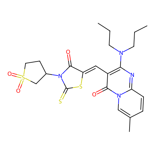 3-{(Z)-[3-(1,1-dioxidotetrahydrothiophen-3-yl)-4-oxo-2-thioxo-1,3-thiazolidin-5-ylidene]methyl}-2-(dipropylamino)-7-methyl-4H-pyrido[1,2-a]pyrimidin-4-one structure