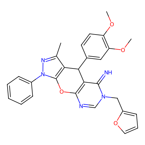4-(3,4-dimethoxyphenyl)-6-(furan-2-ylmethyl)-3-methyl-1-phenyl-4,6-dihydropyrazolo[4',3':5,6]pyrano[2,3-d]pyrimidin-5(1H)-imine structure