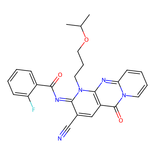 (E)-N-(3-cyano-1-(3-isopropoxypropyl)-5-oxo-1H-dipyrido[1,2-a:2',3'-d]pyrimidin-2(5H)-ylidene)-2-fluorobenzamide structure