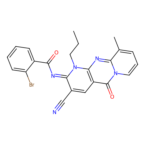 (E)-2-bromo-N-(3-cyano-10-methyl-5-oxo-1-propyl-1H-dipyrido[1,2-a:2',3'-d]pyrimidin-2(5H)-ylidene)benzamide structure