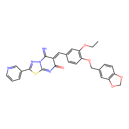(6Z)-6-[[4-(1,3-benzodioxol-5-ylmethoxy)-3-ethoxyphenyl]methylidene]-5-imino-2-pyridin-3-yl-[1,3,4]thiadiazolo[3,2-a]pyrimidin-7-one structure