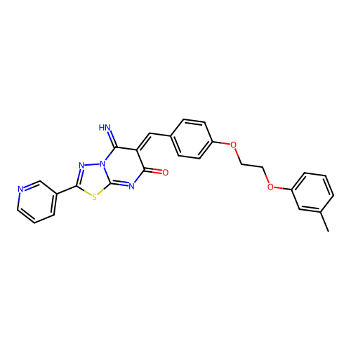 (6Z)-5-imino-6-[[4-[2-(3-methylphenoxy)ethoxy]phenyl]methylidene]-2-pyridin-3-yl-[1,3,4]thiadiazolo[3,2-a]pyrimidin-7-one structure