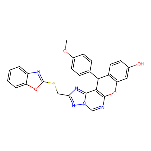 2-[(1,3-benzoxazol-2-ylsulfanyl)methyl]-12-(4-methoxyphenyl)-12H-chromeno[3,2-e][1,2,4]triazolo[1,5-c]pyrimidin-9-ol structure
