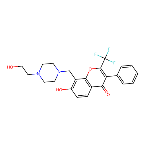 7-hydroxy-8-((4-(2-hydroxyethyl)piperazin-1-yl)methyl)-3-phenyl-2-(trifluoromethyl)-4H-chromen-4-one structure
