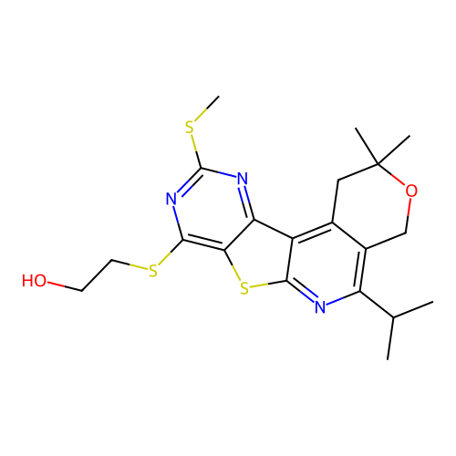 2-((5-isopropyl-2,2-dimethyl-10-(methylthio)-2,4-dihydro-1H-pyrano[4'',3'':4',5']pyrido[3',2':4,5]thieno[3,2-d]pyrimidin-8-yl)thio)ethanol structure