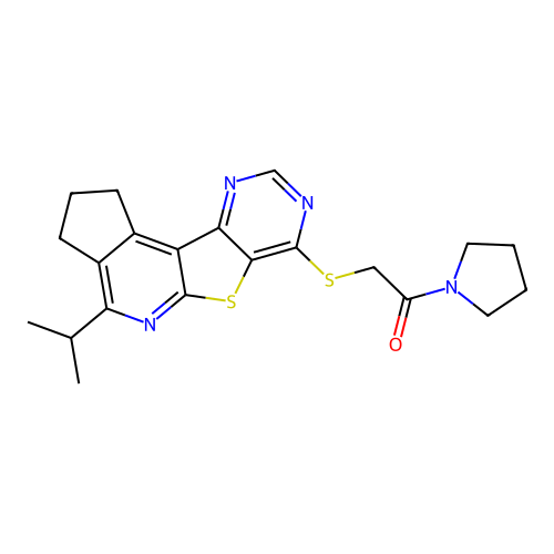 2-((4-isopropyl-2,3-dihydro-1H-cyclopenta[4',5']pyrido[3',2':4,5]thieno[3,2-d]pyrimidin-7-yl)thio)-1-(pyrrolidin-1-yl)ethanone structure