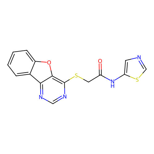 2-([1]benzofuro[3,2-d]pyrimidin-4-ylsulfanyl)-N-(1,3-thiazol-5-yl)acetamide structure