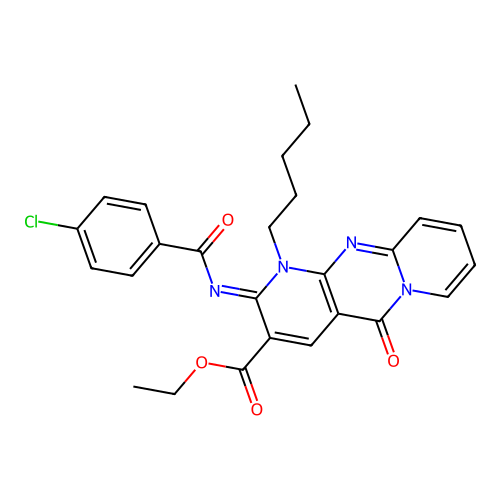 (Z)-ethyl 2-((4-chlorobenzoyl)imino)-5-oxo-1-pentyl-2,5-dihydro-1H-dipyrido[1,2-a:2',3'-d]pyrimidine-3-carboxylate structure