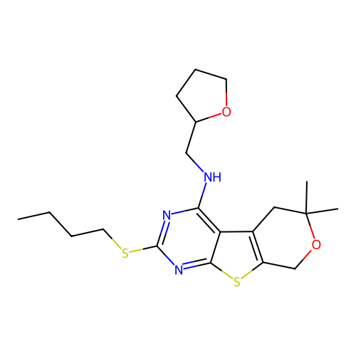 2-(butylsulfanyl)-6,6-dimethyl-N-(tetrahydrofuran-2-ylmethyl)-5,8-dihydro-6H-pyrano[4',3':4,5]thieno[2,3-d]pyrimidin-4-amine structure