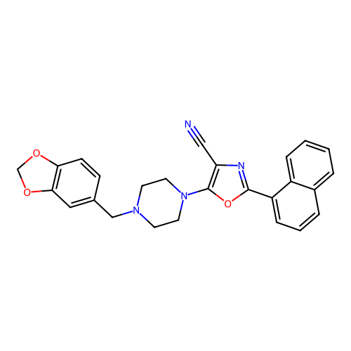 5-[4-(1,3-benzodioxol-5-ylmethyl)piperazin-1-yl]-2-(naphthalen-1-yl)-1,3-oxazole-4-carbonitrile structure