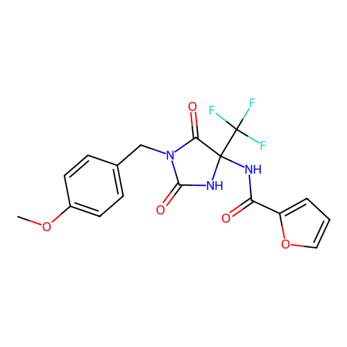 N-(1-(4-methoxybenzyl)-2,5-dioxo-4-(trifluoromethyl)imidazolidin-4-yl)furan-2-carboxamide structure