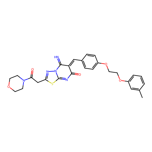 (6Z)-5-imino-6-[[4-[2-(3-methylphenoxy)ethoxy]phenyl]methylidene]-2-(2-morpholin-4-yl-2-oxoethyl)-[1,3,4]thiadiazolo[3,2-a]pyrimidin-7-one structure