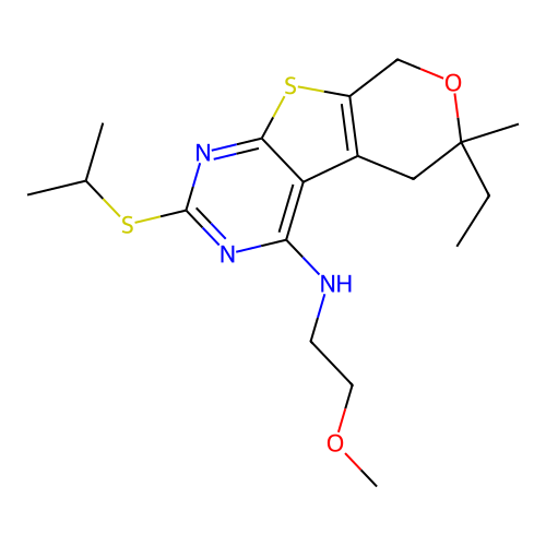 6-ethyl-2-(isopropylthio)-N-(2-methoxyethyl)-6-methyl-6,8-dihydro-5H-pyrano[4',3':4,5]thieno[2,3-d]pyrimidin-4-amine structure