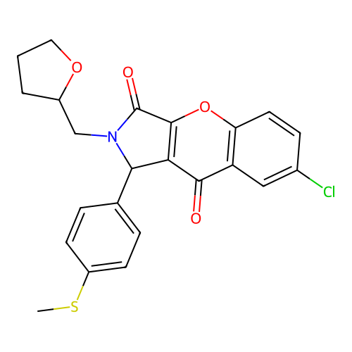 7-chloro-1-(4-(methylthio)phenyl)-2-((tetrahydrofuran-2-yl)methyl)-1,2-dihydrochromeno[2,3-c]pyrrole-3,9-dione structure