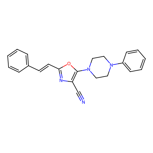 2-[(E)-2-phenylethenyl]-5-(4-phenylpiperazin-1-yl)-1,3-oxazole-4-carbonitrile structure