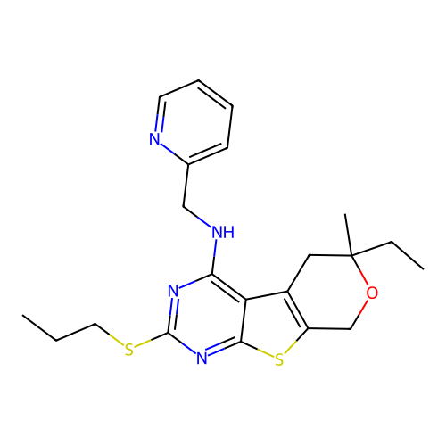 6-ethyl-6-methyl-2-(propylsulfanyl)-N-(pyridin-2-ylmethyl)-5,8-dihydro-6H-pyrano[4',3':4,5]thieno[2,3-d]pyrimidin-4-amine structure