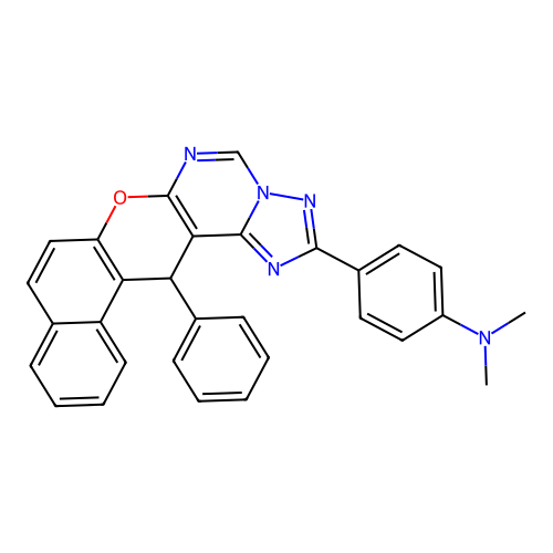 N,N-dimethyl-4-(14-phenyl-14H-benzo[5,6]chromeno[3,2-e][1,2,4]triazolo[1,5-c]pyrimidin-2-yl)aniline structure