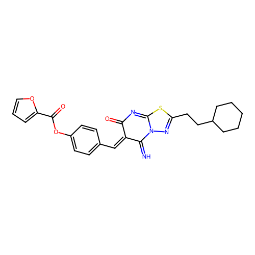 (Z)-4-((2-(2-cyclohexylethyl)-5-imino-7-oxo-5H-[1,3,4]thiadiazolo[3,2-a]pyrimidin-6(7H)-ylidene)methyl)phenyl furan-2-carboxylate structure