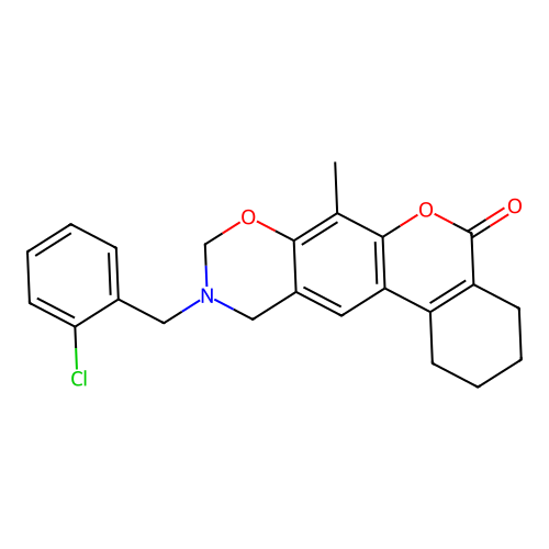 10-(2-chlorobenzyl)-7-methyl-1,2,3,4,10,11-hexahydro-5H,9H-benzo[3,4]chromeno[6,7-e][1,3]oxazin-5-one structure