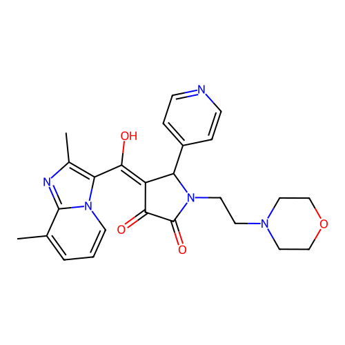 (4E)-4-[(2,8-dimethylimidazo[1,2-a]pyridin-3-yl)-hydroxymethylidene]-1-(2-morpholin-4-ylethyl)-5-pyridin-4-ylpyrrolidine-2,3-dione structure
