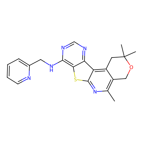 2,2,5-trimethyl-N-(pyridin-2-ylmethyl)-1,4-dihydro-2H-pyrano[4'',3'':4',5']pyrido[3',2':4,5]thieno[3,2-d]pyrimidin-8-amine structure