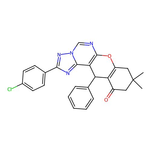2-(4-chlorophenyl)-9,9-dimethyl-12-phenyl-8,9,10,12-tetrahydro-11H-chromeno[3,2-e][1,2,4]triazolo[1,5-c]pyrimidin-11-one structure