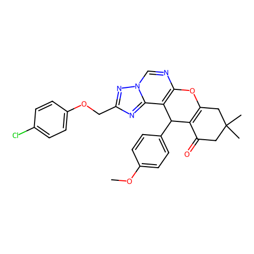 2-[(4-chlorophenoxy)methyl]-12-(4-methoxyphenyl)-9,9-dimethyl-8,9,10,12-tetrahydro-11H-chromeno[3,2-e][1,2,4]triazolo[1,5-c]pyrimidin-11-one structure