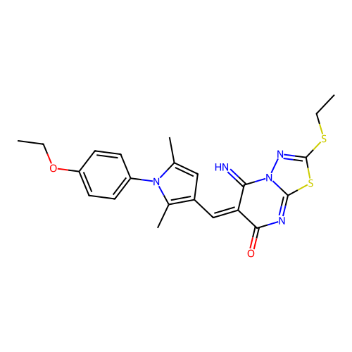 (E)-6-((1-(4-ethoxyphenyl)-2,5-dimethyl-1H-pyrrol-3-yl)methylene)-2-(ethylthio)-5-imino-5H-[1,3,4]thiadiazolo[3,2-a]pyrimidin-7(6H)-one structure