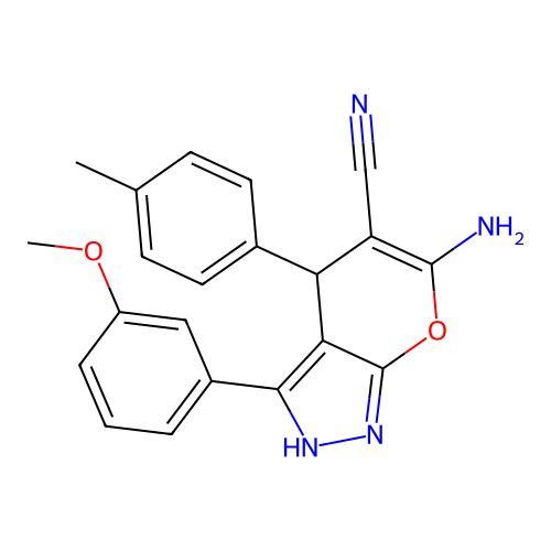 6-amino-3-(3-methoxyphenyl)-4-(4-methylphenyl)-2,4-dihydropyrano[2,3-c]pyrazole-5-carbonitrile structure