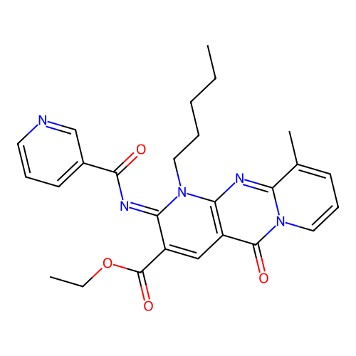(Z)-ethyl 10-methyl-2-(nicotinoylimino)-5-oxo-1-pentyl-2,5-dihydro-1H-dipyrido[1,2-a:2',3'-d]pyrimidine-3-carboxylate structure