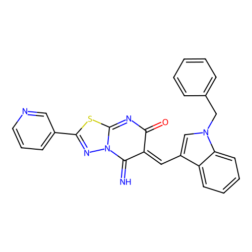 (6Z)-6-[(1-benzyl-1H-indol-3-yl)methylidene]-5-imino-2-(pyridin-3-yl)-5,6-dihydro-7H-[1,3,4]thiadiazolo[3,2-a]pyrimidin-7-one structure