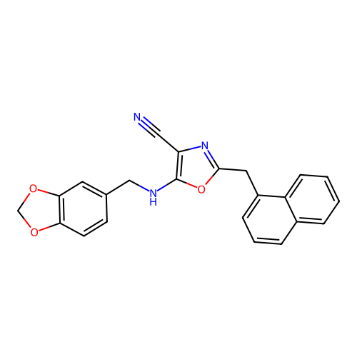5-[(1,3-benzodioxol-5-ylmethyl)amino]-2-(naphthalen-1-ylmethyl)-1,3-oxazole-4-carbonitrile structure